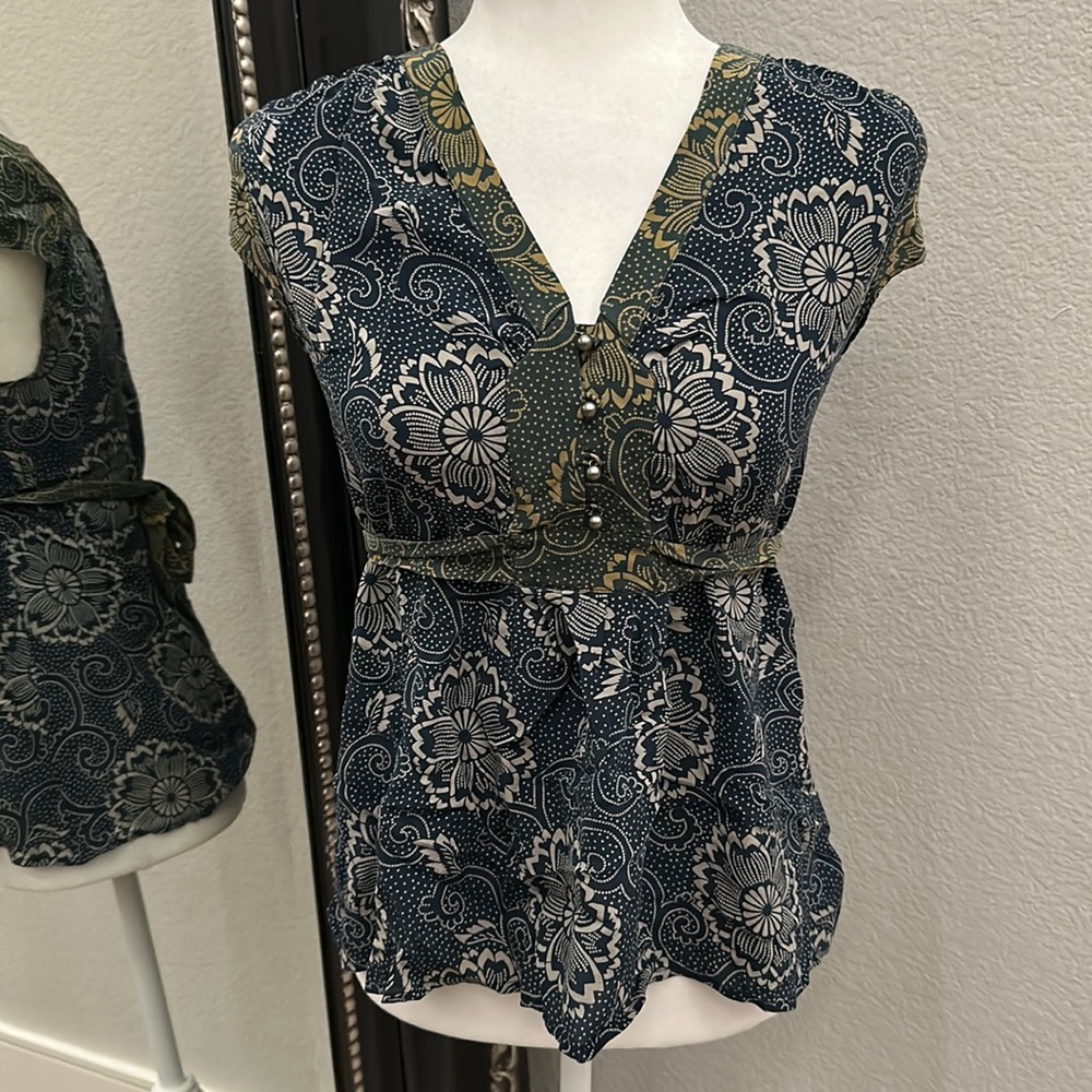 Anthropologie Edme & Esyllte 100% Silk Top Shirt Blue Green Tie Waist Small